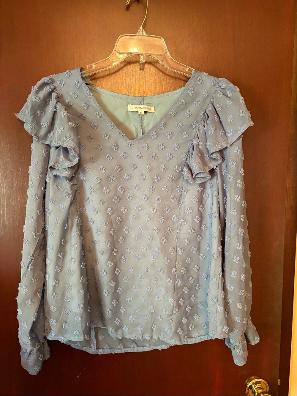 Blue Swiss Dot Ruffle long Sleeve top Medium - Picture 8 of 8
